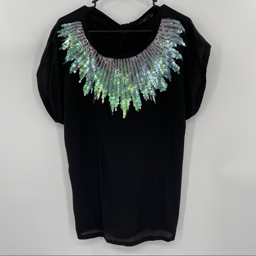 MM Couture 100% Silk Black Sequin Short Sleeve Top​